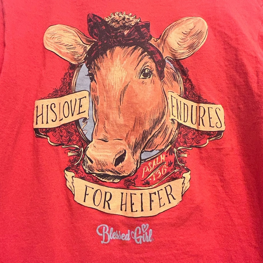 50%offw❤️ Blessed Girl T-Shirt Love Endures Religious Coral Farm Heifer Cow S 88